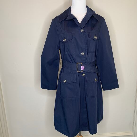 Vintage Jackets & Blazers - Navy Blue Vintage 70s 80s Trench Coat Horn Button Style Belted Classic Medium